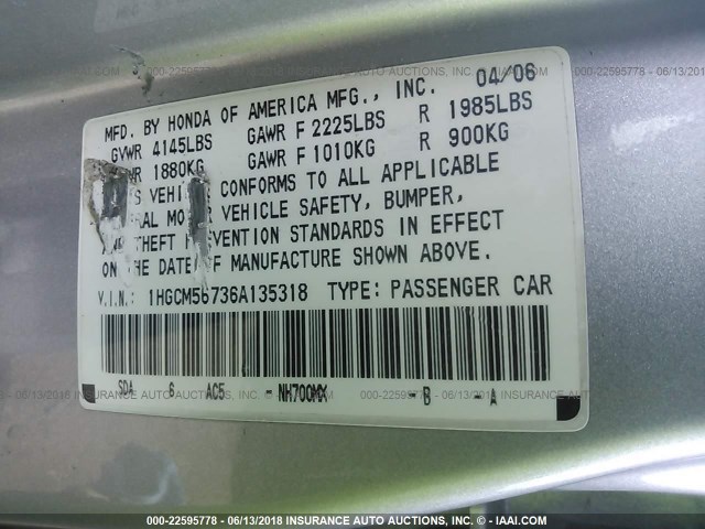 1HGCM56736A135318 - 2006 HONDA ACCORD EX SILVER photo 9