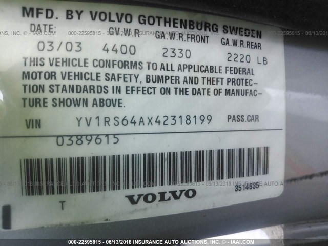 YV1RS64AX42318199 - 2004 VOLVO S60 SILVER photo 9