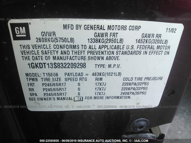 1GKDT13S832209298 - 2003 GMC ENVOY 勃艮第红 照片 9