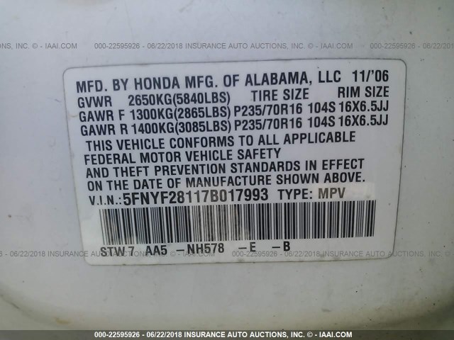 5FNYF28117B017993 - 2007 HONDA PILOT LX WHITE photo 9