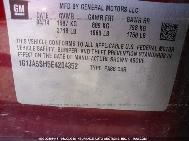 1G1JA5SH5E4204352 - 2014 CHEVROLET SONIC LS 红色 照片 9