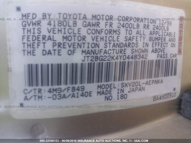 JT2BG22K4Y0448342 - 2000 TOYOTA CAMRY CE/LE/XLE 金色 照片 9
