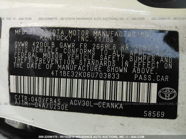 4T1BE32K06U703833 - 2006 TOYOTA CAMRY LE/XLE/SE Ağ foto 9