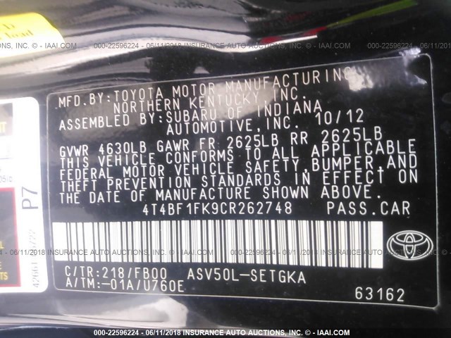 4T4BF1FK9CR262748 - 2012 TOYOTA CAMRY SE/LE/XLE BLACK photo 9