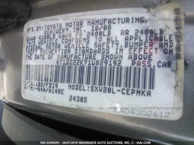 4T1BG22K71U029192 - 2001 TOYOTA CAMRY CE/LE/XLE GRAY photo 9