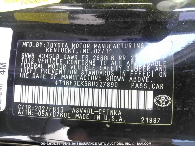 4T1BF3EK5BU227890 - 2011 TOYOTA CAMRY SE/LE/XLE შავი ფოტო 9