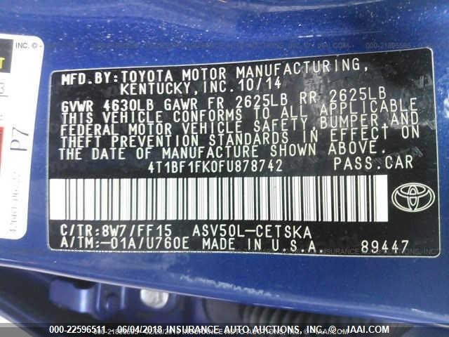 4T1BF1FK0FU878742 - 2015 TOYOTA CAMRY LE/XLE/SE/XSE BLUE photo 9