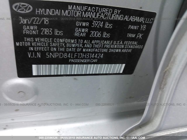 5NPD84LF1JH314424 - 2018 HYUNDAI ELANTRA SEL/VALUE/LIMITED SILVER photo 9