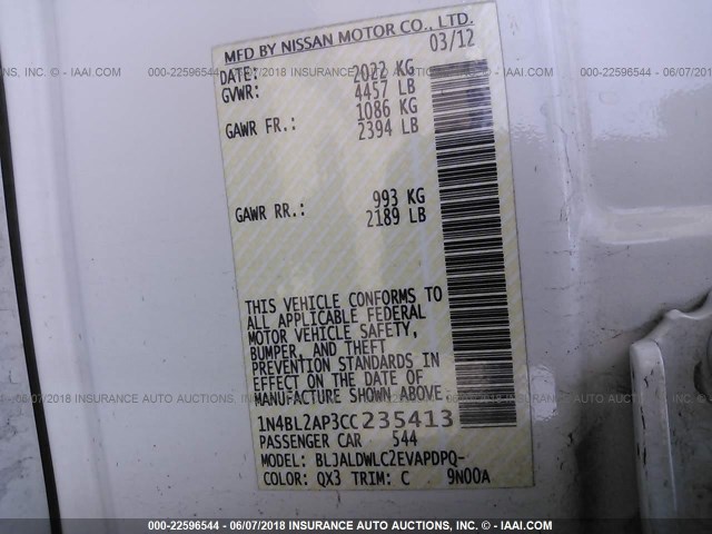 1N4BL2AP3CC235413 - 2012 NISSAN ALTIMA SR WHITE photo 9