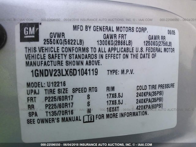 1GNDV23LX6D104119 - 2006 CHEVROLET UPLANDER LS SILVER photo 9