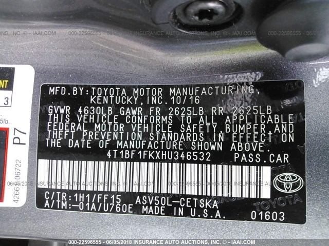 4T1BF1FKXHU346532 - 2017 TOYOTA CAMRY LE/XLE/SE/XSE ნაცრისფერი ფოტო 9