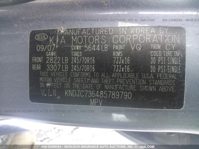 KNDJC736485789790 - 2008 KIA SORENTO EX/LX GRAY photo 9