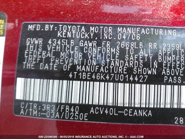 4T1BE46K47U014427 - 2007 TOYOTA CAMRY NEW GENERAT CE/LE/XLE/SE RED photo 9