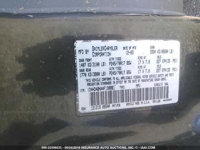 1D4HD48NX4F138861 - 2004 DODGE DURANGO SLT GRAY photo 9