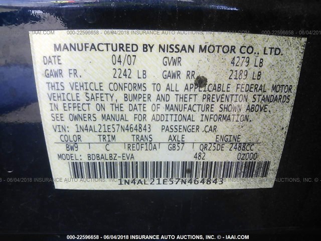 1N4AL21E57N464843 - 2007 NISSAN ALTIMA 2.5/2.5S Dark Blue photo 9