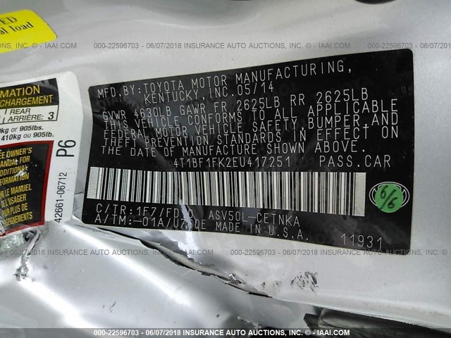 4T1BF1FK2EU417251 - 2014 TOYOTA CAMRY L/SE/LE/XLE 银色 照片 9