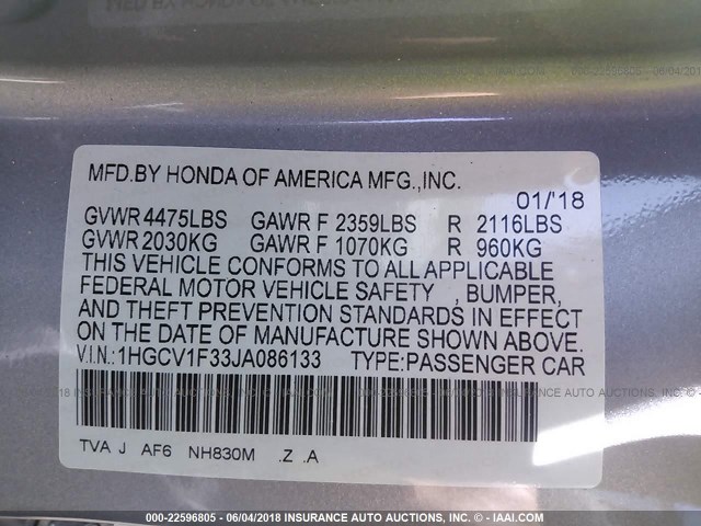 1HGCV1F33JA086133 - 2018 HONDA ACCORD SPORT 银色 照片 9