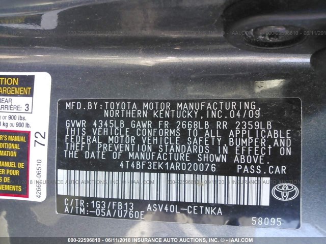 4T4BF3EK1AR020076 - 2010 TOYOTA CAMRY SE/LE/XLE GRAY photo 9