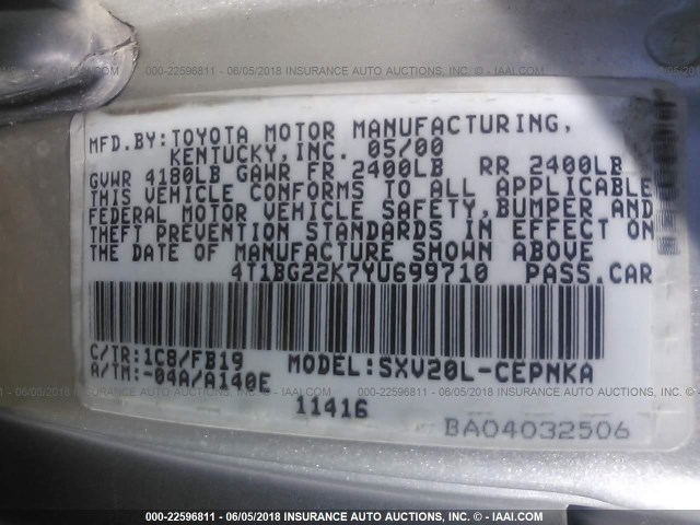 4T1BG22K7YU699710 - 2000 TOYOTA CAMRY CE/LE/XLE SILVER photo 9