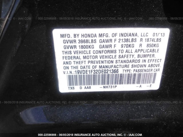 19VDE1F32DE021366 - 2013 ACURA ILX 20 BLACK photo 9