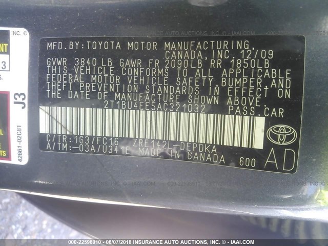 2T1BU4EE5AC321032 - 2010 TOYOTA COROLLA S/LE/XLE GRAY photo 9