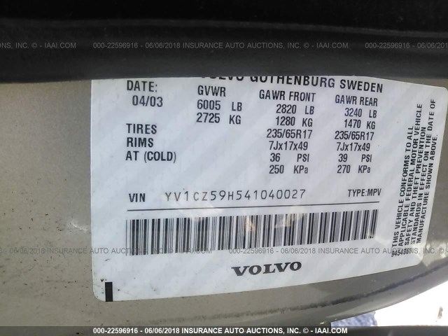 YV1CZ59H541040027 - 2004 VOLVO XC90 Champagne photo 9