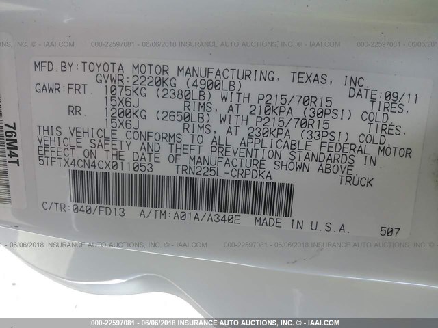5TFTX4CN4CX011053 - 2012 TOYOTA TACOMA ACCESS CAB Ақ фото 9