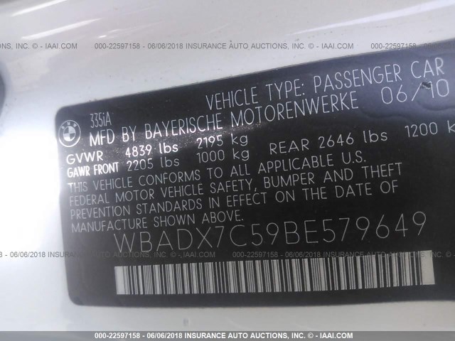 WBADX7C59BE579649 - 2011 BMW 335 I WHITE photo 9