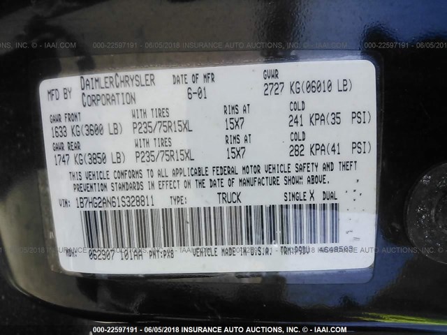 1B7HG2AN61S328811 - 2001 DODGE DAKOTA QUAD BLACK photo 9