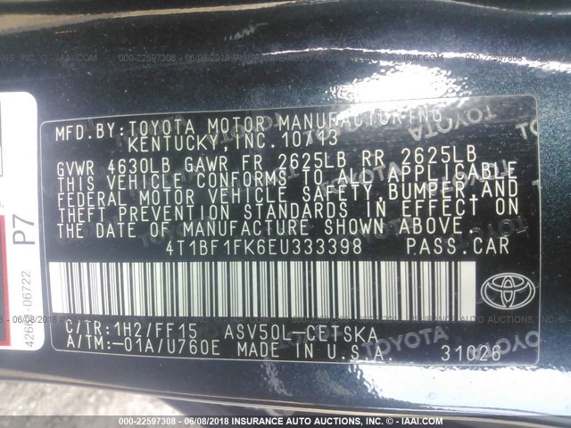 4T1BF1FK6EU333398 - 2014 TOYOTA CAMRY L/SE/LE/XLE 灰色 照片 9