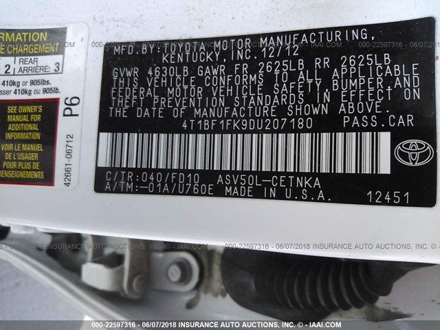 4T1BF1FK9DU207180 - 2013 TOYOTA CAMRY L/SE/LE/XLE 白色 照片 9