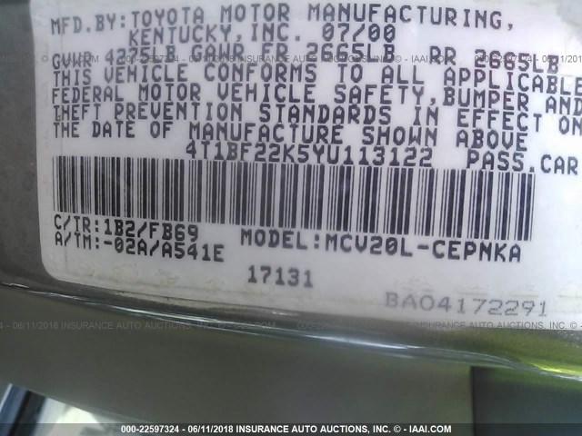 4T1BF22K5YU113122 - 2000 TOYOTA CAMRY LE/XLE GRAY photo 9