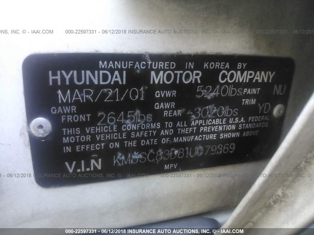 KM8SC83D81U079369 - 2001 HYUNDAI SANTA FE GLS/LX WHITE photo 9