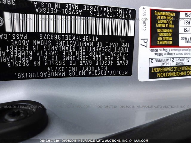 4T1BF1FK0EU369376 - 2014 TOYOTA CAMRY L/SE/LE/XLE 银色 照片 9