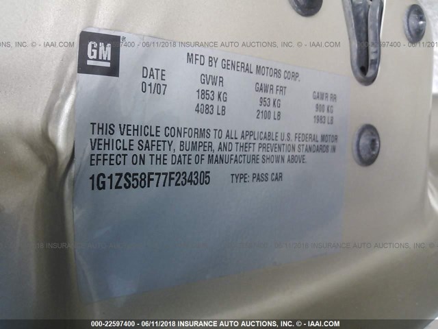 1G1ZS58F77F234305 - 2007 CHEVROLET MALIBU LS 金色 照片 9