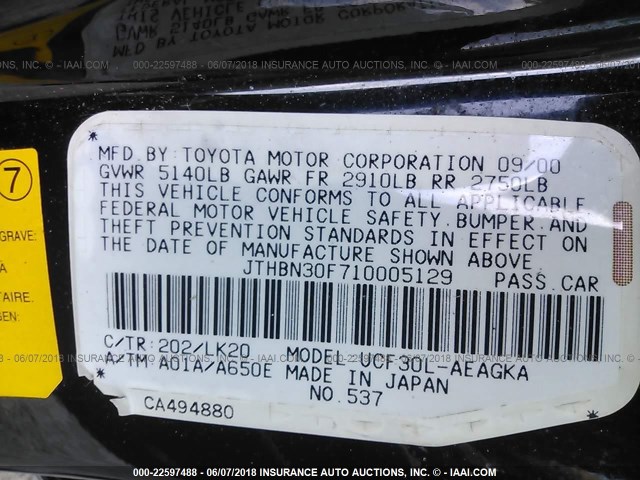 JTHBN30F710005129 - 2001 LEXUS LS 430 BLACK photo 9