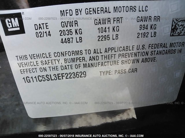 1G11C5SL3EF223629 - 2014 CHEVROLET MALIBU 1LT 黑色 照片 9