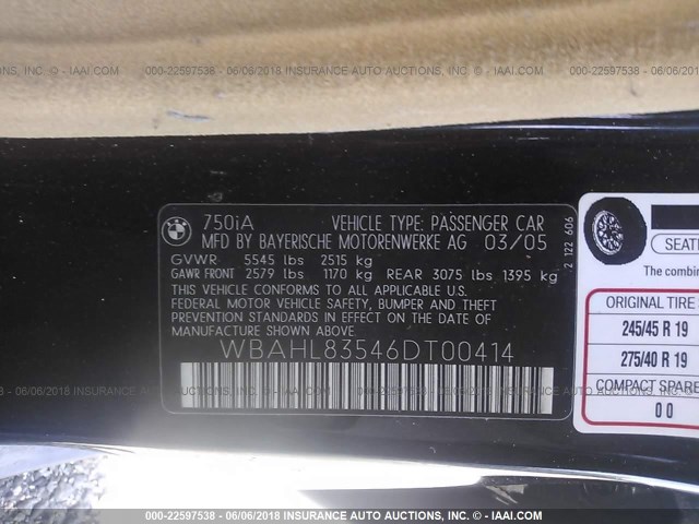WBAHL83546DT00414 - 2006 BMW 750 I BLACK photo 9