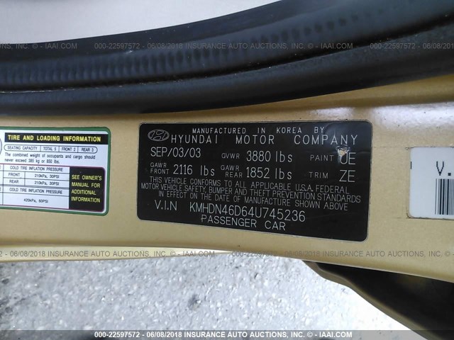 KMHDN46D64U745236 - 2004 HYUNDAI ELANTRA GLS/GT GOLD photo 9