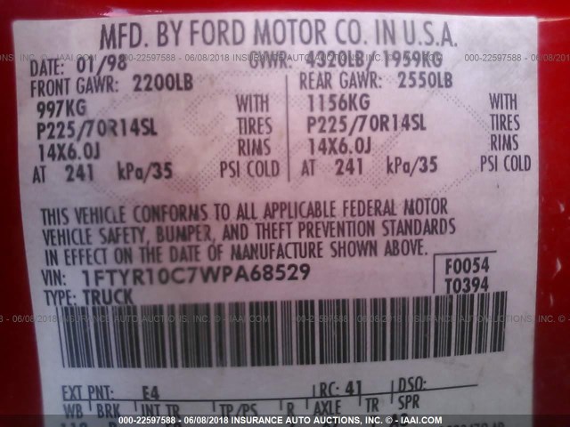 1FTYR10C7WPA68529 - 1998 FORD RANGER RED photo 9