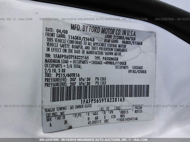 1FAFP56S9YA228165 - 2000 FORD TAURUS SEL 白色 照片 9