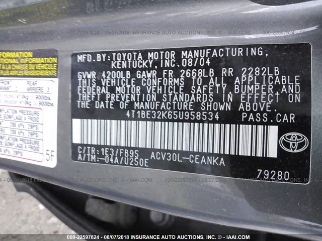 4T1BE32K65U958534 - 2005 TOYOTA CAMRY LE/XLE/SE 灰色 照片 9