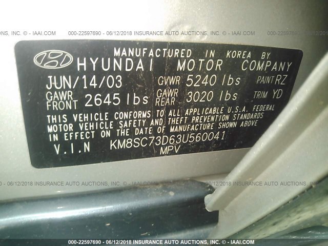 KM8SC73D63U560041 - 2003 HYUNDAI SANTA FE GLS/LX SILVER photo 9