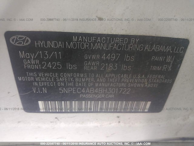 5NPEC4AB4BH301722 - 2011 HYUNDAI SONATA SE/LIMITED WHITE photo 9