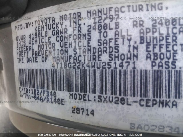 4T1BG22K4WU251471 - 1998 TOYOTA CAMRY CE/LE/XLE GRAY photo 9