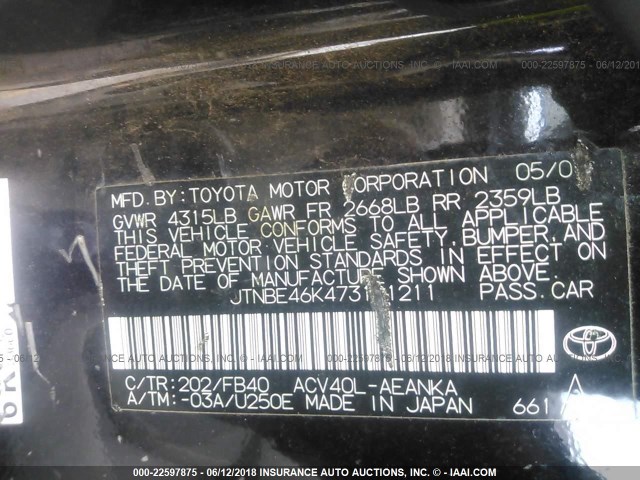JTNBE46K473121211 - 2007 TOYOTA CAMRY NEW GENERAT CE/LE/XLE/SE BLACK photo 9