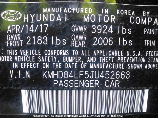 KMHD84LF5JU452663 - 2018 HYUNDAI ELANTRA SEL/VALUE/LIMITED BLACK photo 9