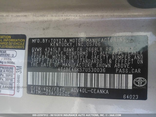 4T1BE46K57U530036 - 2007 TOYOTA CAMRY NEW GENERAT CE/LE/XLE/SE GOLD photo 9