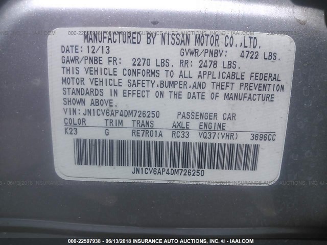 JN1CV6AP4DM726250 - 2013 INFINITI G37 JOURNEY/SPORT 银色 照片 9