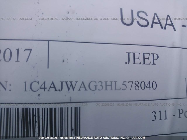 1C4AJWAG3HL578040 - 2017 JEEP WRANGLER SPORT BLACK photo 9